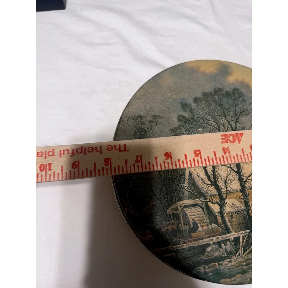 Vintage Currier and Ives The Old Grist Mill Winter Scene Round Metal Tin 10in
